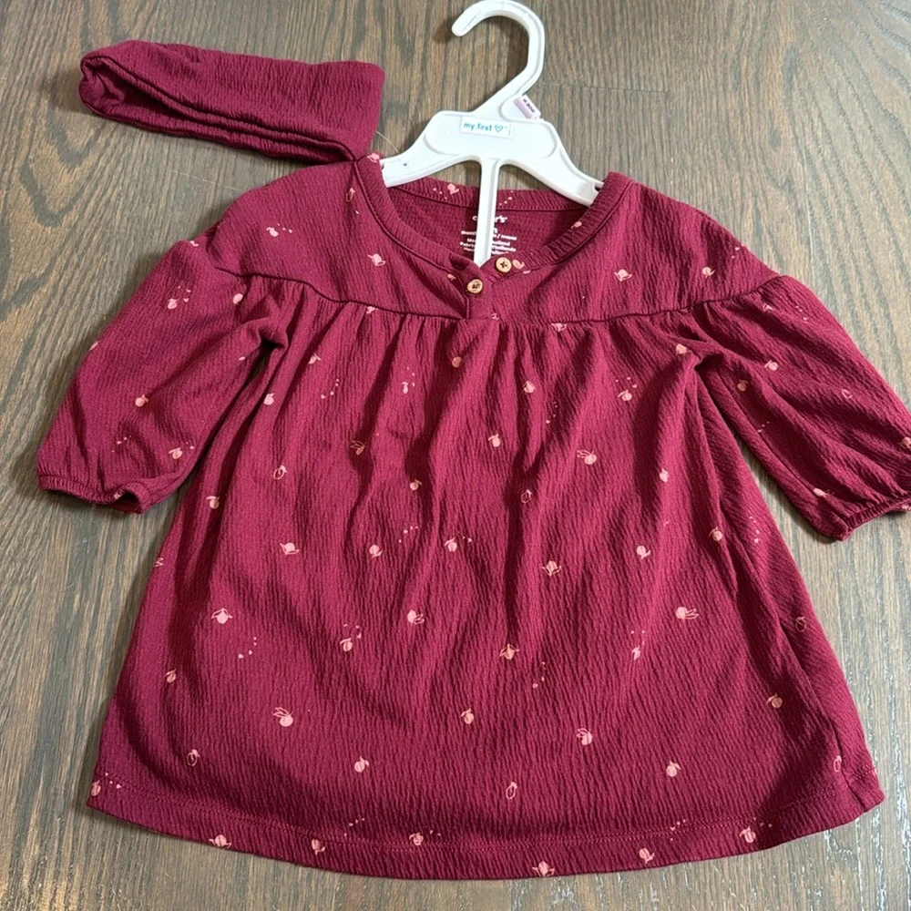 Carter’s Baby Girl Crinkle Jersey Dress Set 9M NWT Headwrap & Bloomer